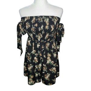 SHEIN Strapless Shorts Romper Size L 8/10 Black Beige Floral Ruched